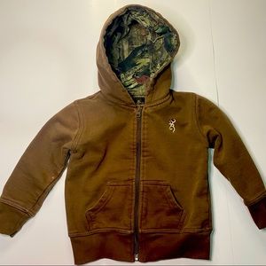 Boys 3T Browning Hoodie/Sweater in brown with Break-up camouflage hood.